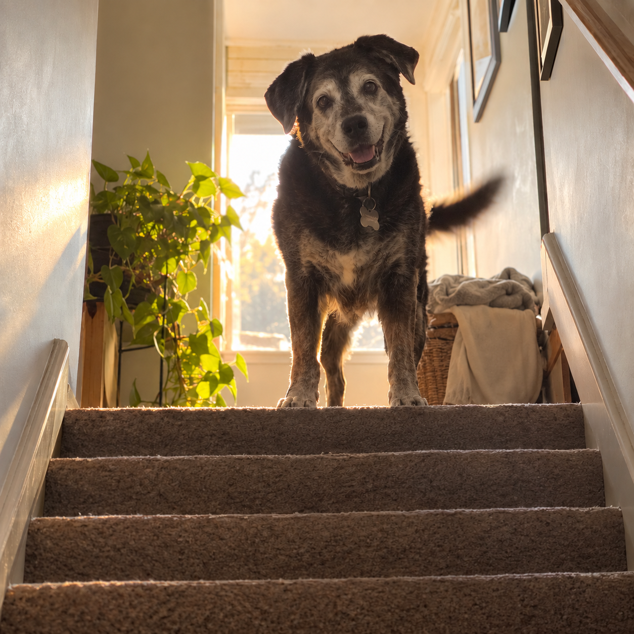 Vier dagelijkse momenten van een oudere hond