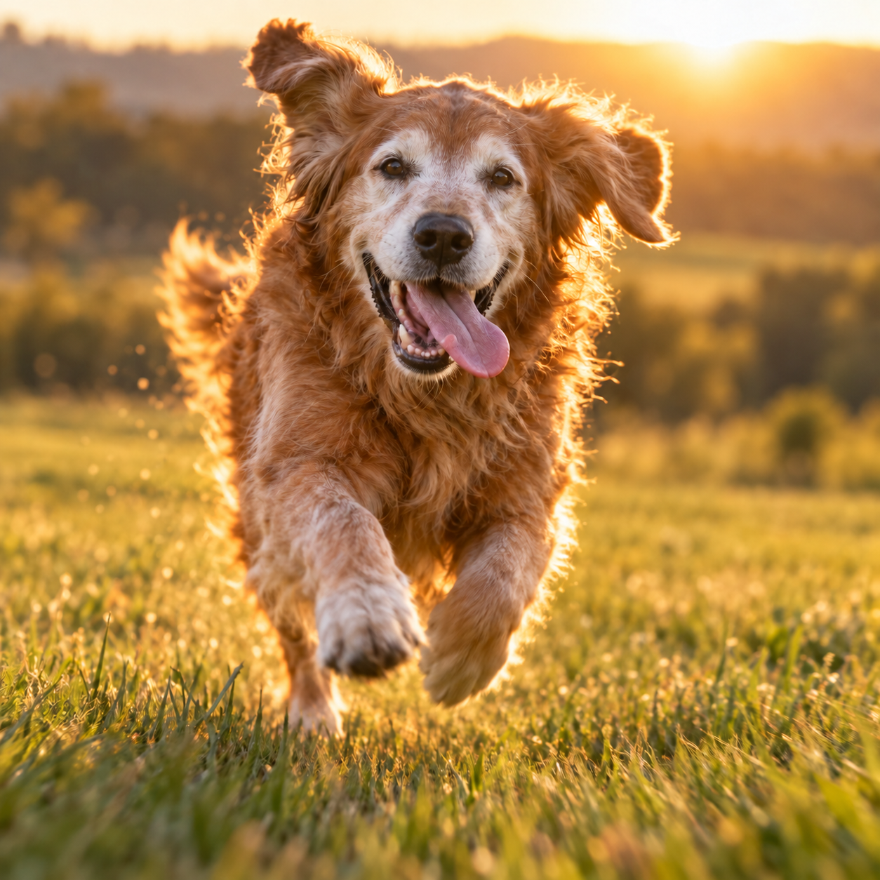 Oude hond met tennisbal naast de voerbak