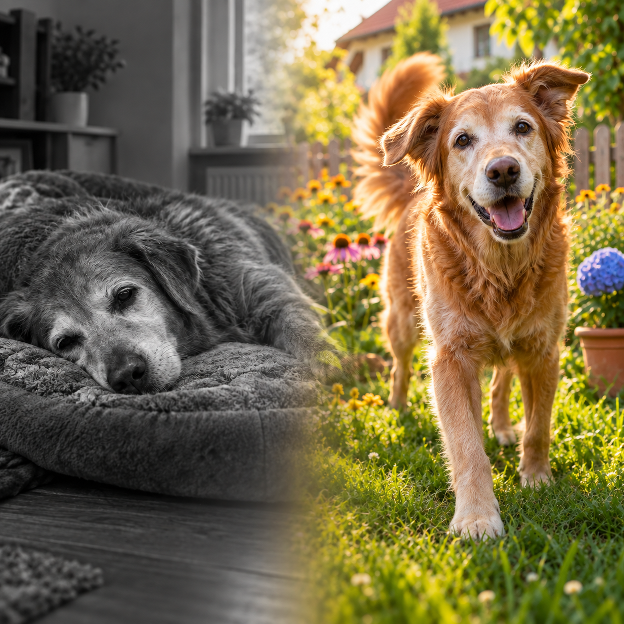 Oudere hond brengt weer zijn speeltje