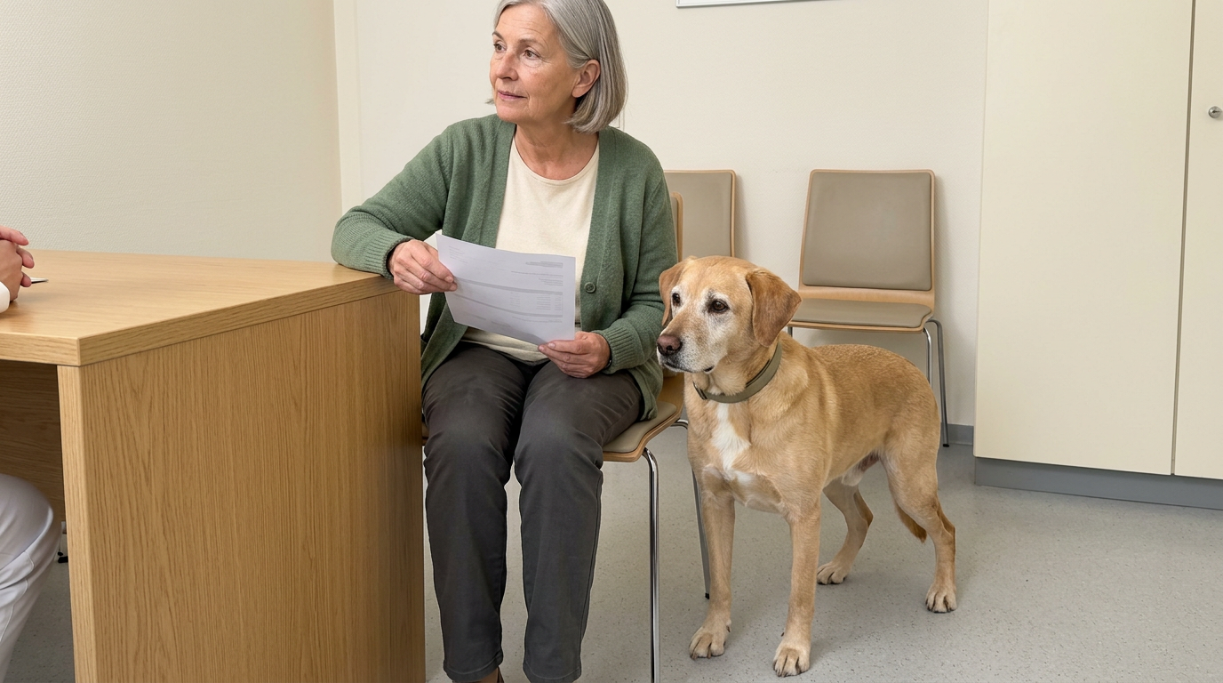 Ältere Halterin mit Kostenvoranschlag und Labrador-Mix in einem Sprechzimmer