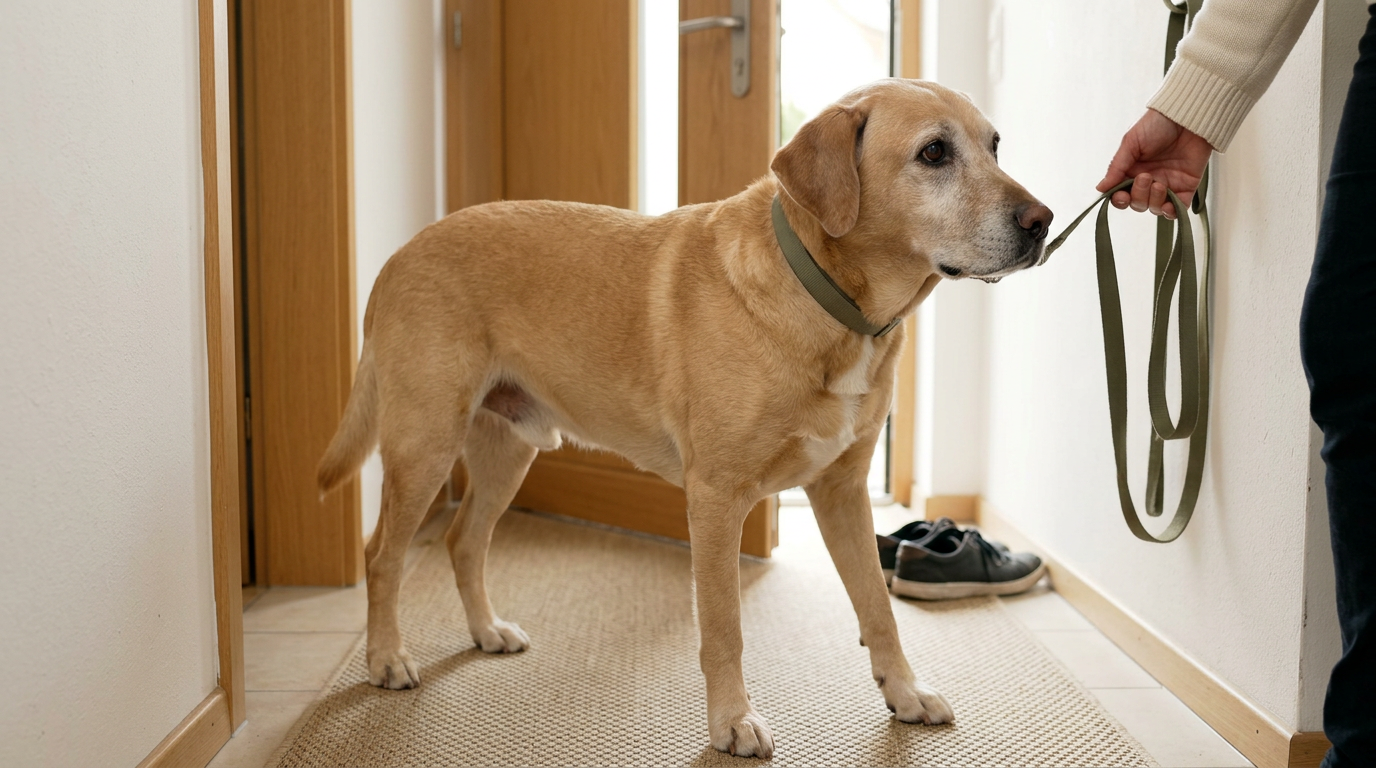 Älterer Labrador wartet an der Haustür, während eine Hand die Leine nimmt