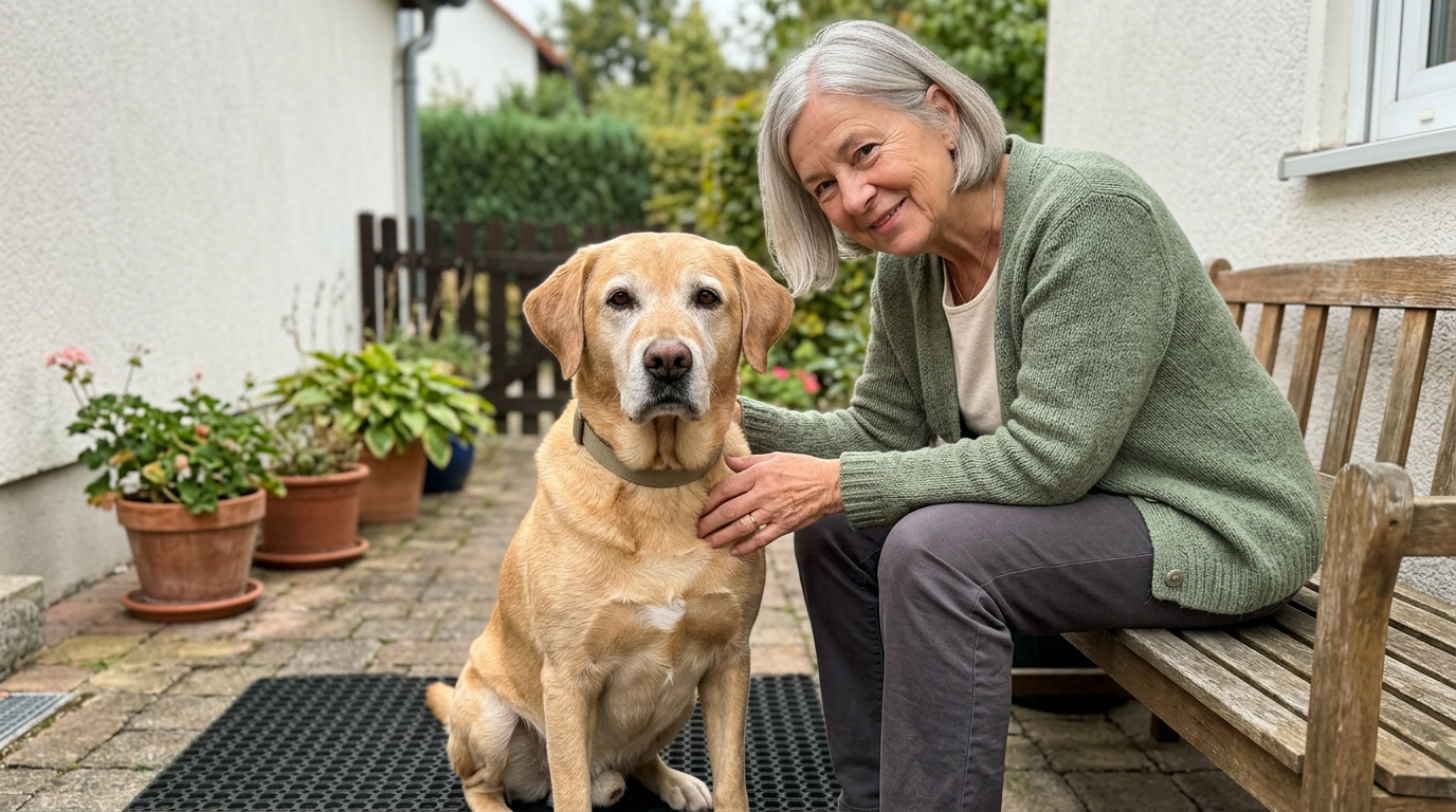 Frau König und Labrador-Mix Bosco in einem ruhigen Moment auf der Terrasse