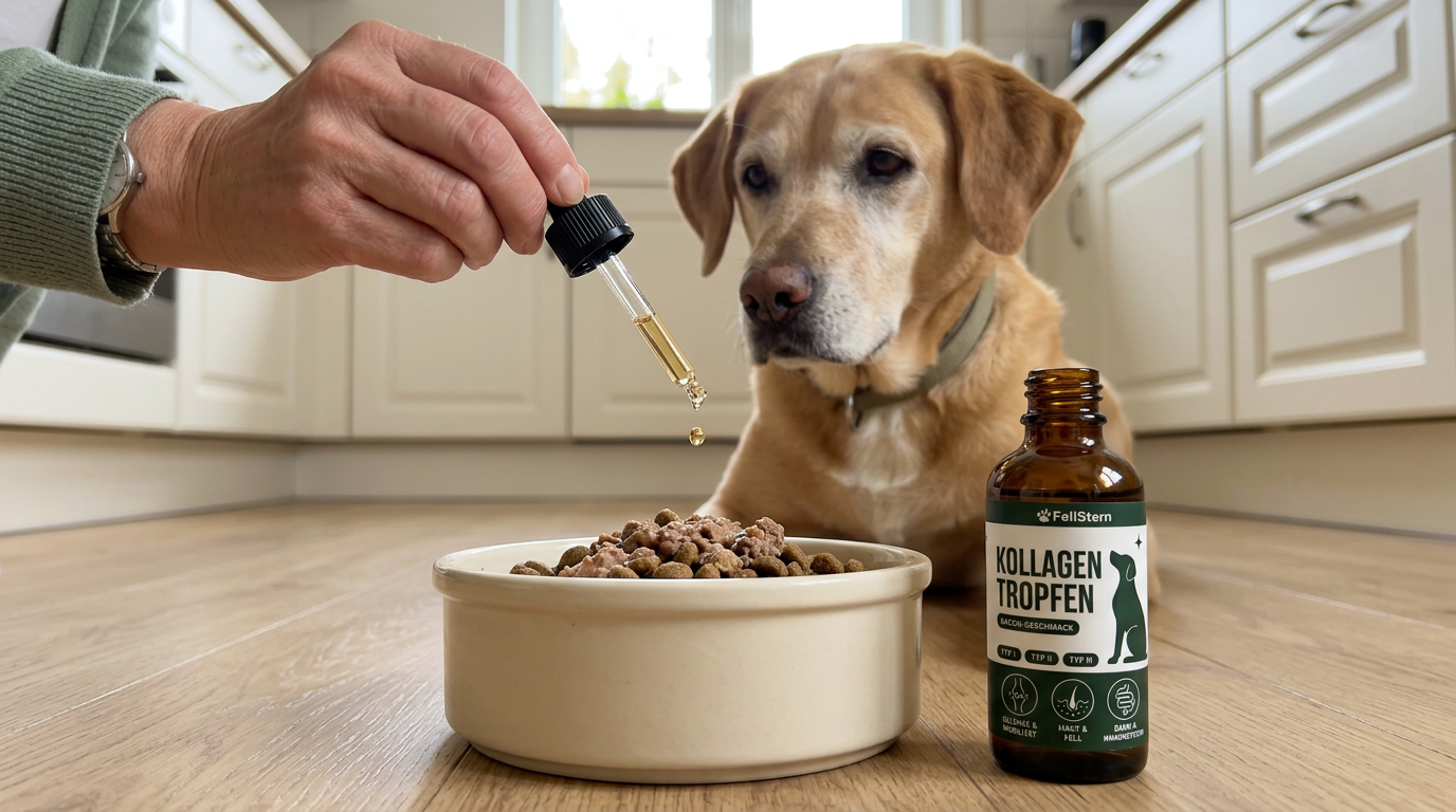 Eine Pipette gibt einen goldenen Tropfen über Hundefutter