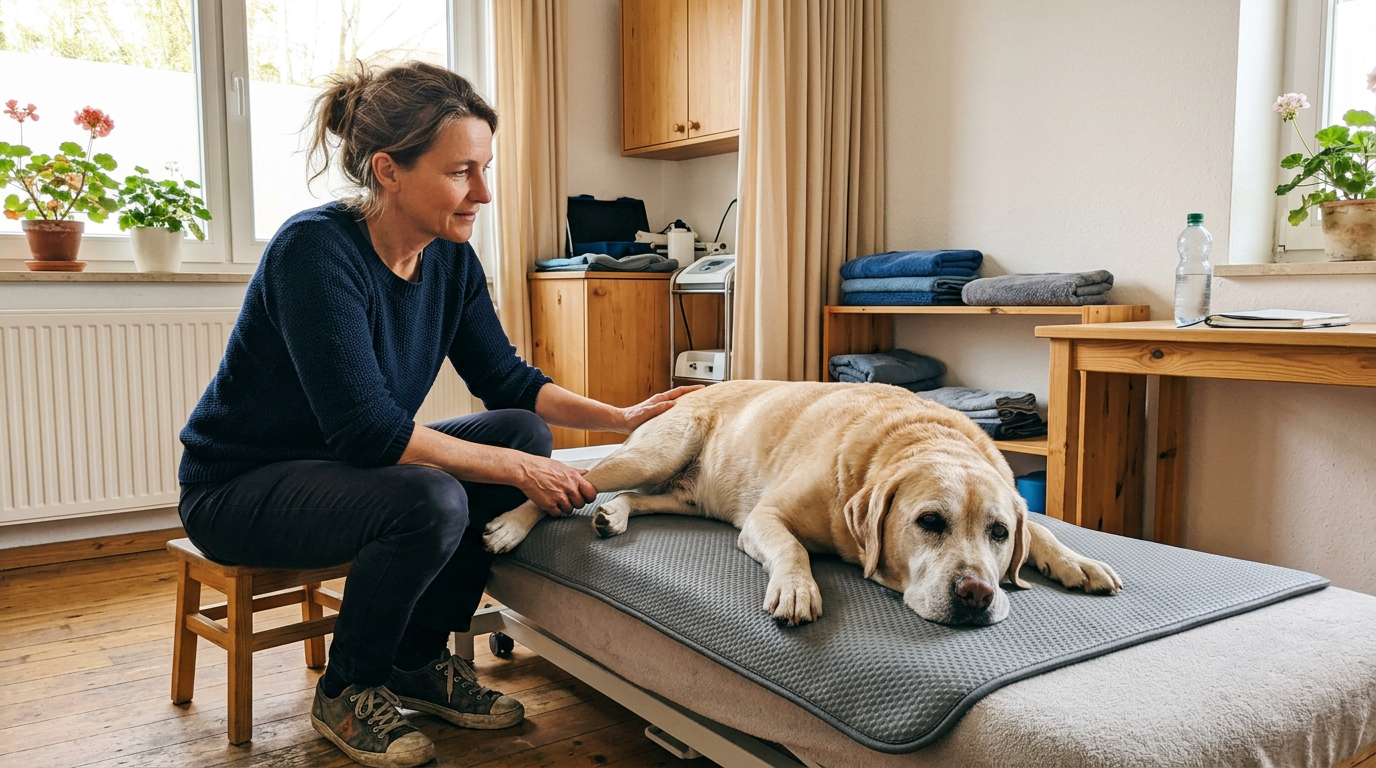 Illustrative Hunde-Physiotherapeutin mit älterem Labrador