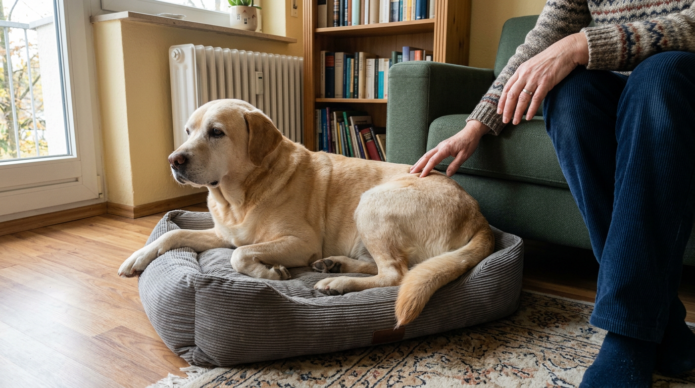 Älterer Labrador auf seiner Decke
