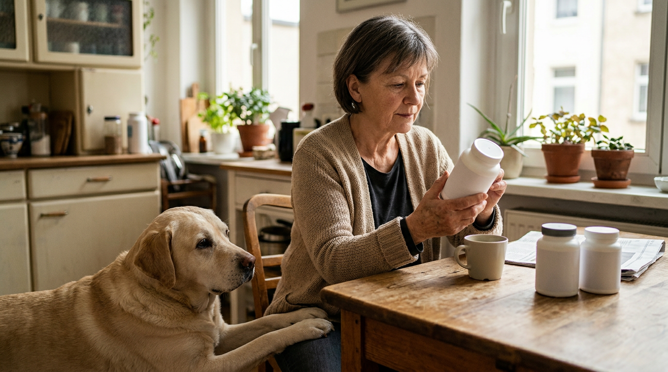 Hundebesitzerin betrachtet eine Futterdose
